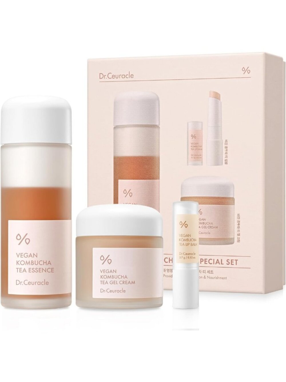 Vegan Kombucha Tea Set - Essence, Gel Cream & Lip Balm for Glowing Skin